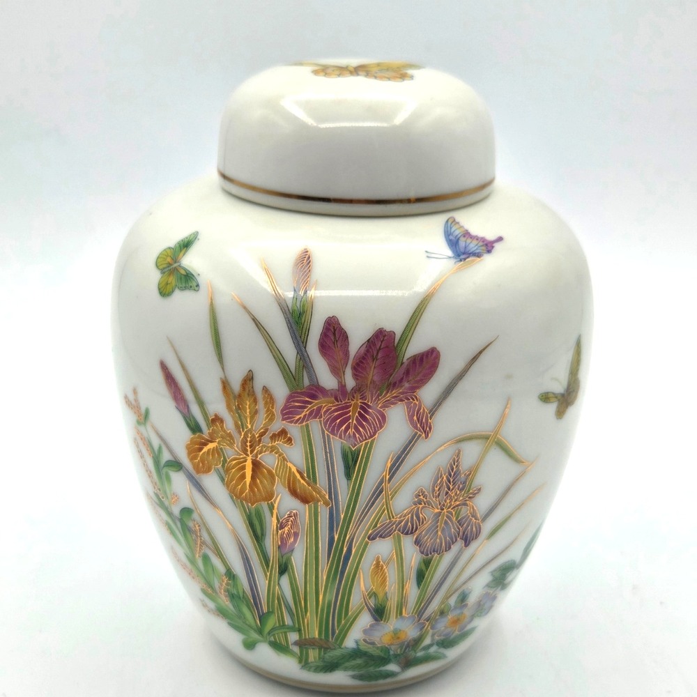 Ginger Jar Srednick Collection Hand Painted Irises & Butterflies Gold Accents